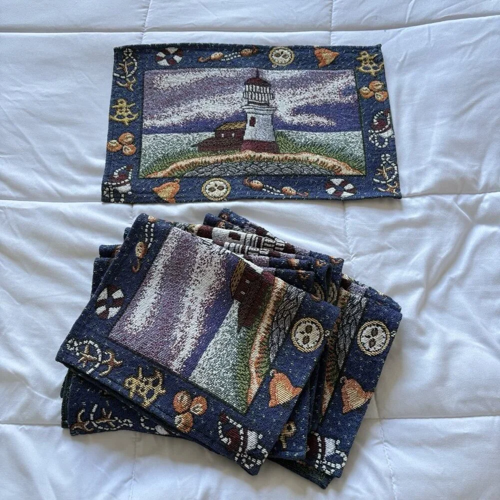 Vintage Set of 10 Coastal Nautical Beach Lighthouse‎ Placemats Reversible 17x11